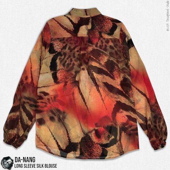 DA-NANG BOHEME SILK BUTTON DOWN LONG SLEEVE BLOUSE IN VINTAGE SUNSET ABSTRACT - Picture 6 of 12